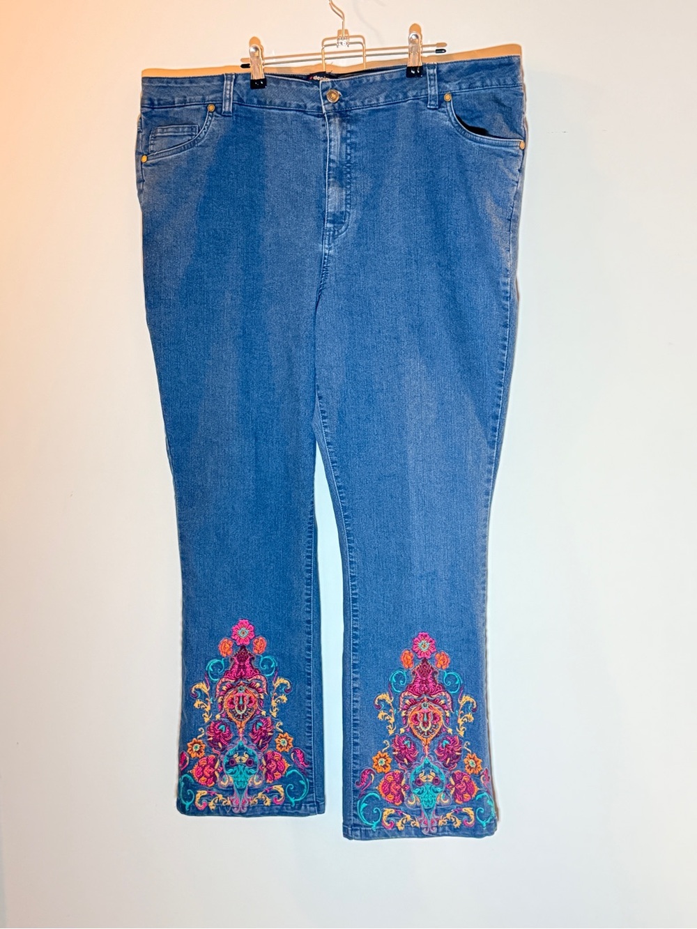 Denim 24/7 Blue Flare Jeans with Multicolor Embroidered Hems